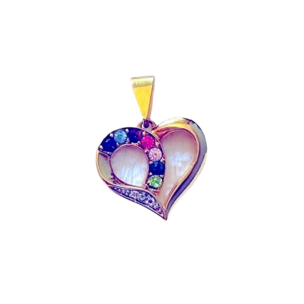 Pendant Charm Heart Vtg Multi-Colored Stone Gold Plate Rainbow